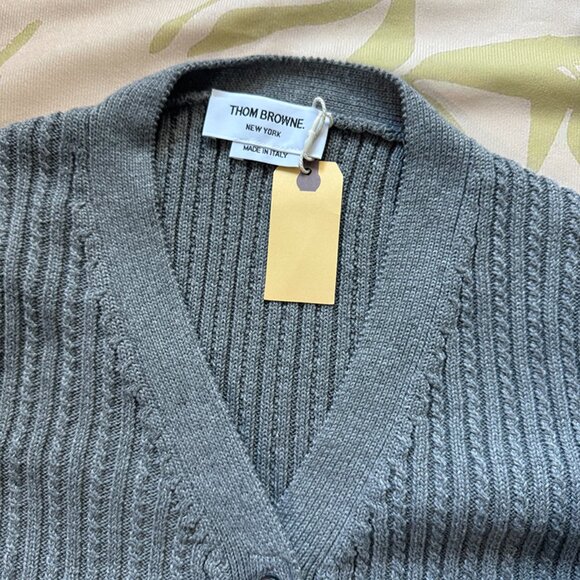 Thom Browne Grey Knitted Cropped Cardigan - Picture 2 of 9